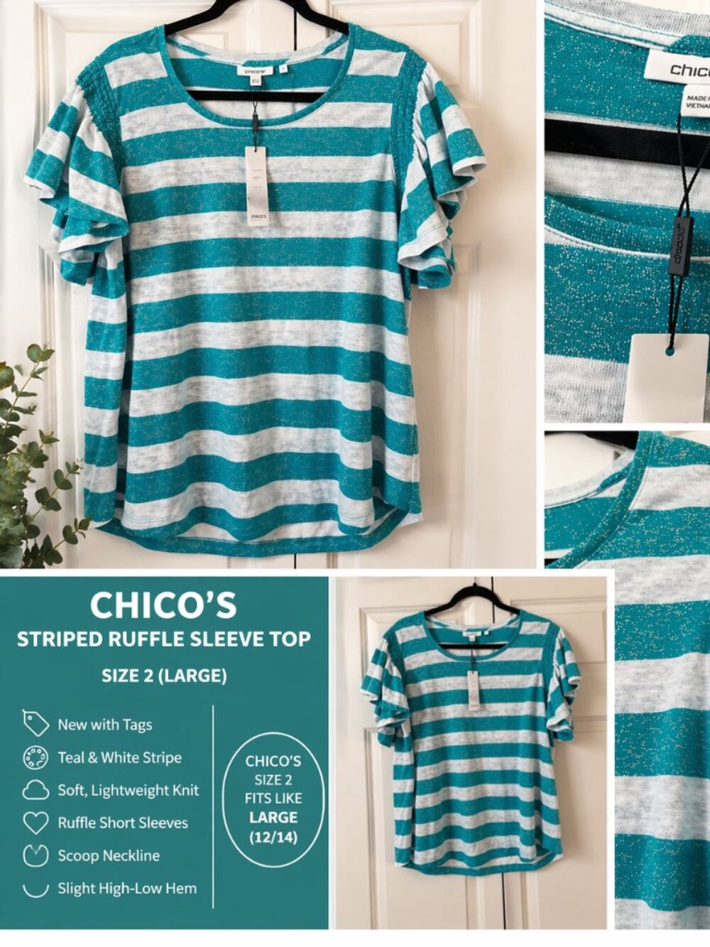 Chico’s Teal Stripe Flutter Sleeve Top Size 2 (L) NWT Chic Summer Blouse